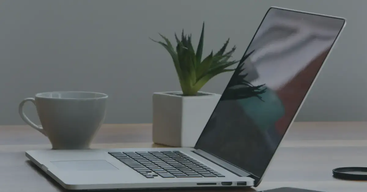 open laptop on a desk with a plant and a cup next to it